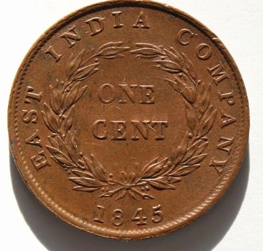 1845 1 Cent, Straits Settlements/East India Company. EF+some luster