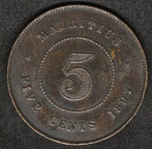 1897 5 Cents Mauritius, Queen Victoria Copper Coin GEF, KM-9