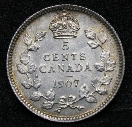1907 Canada 5 Cents, Edward VII. London Mint. KM-13 BU