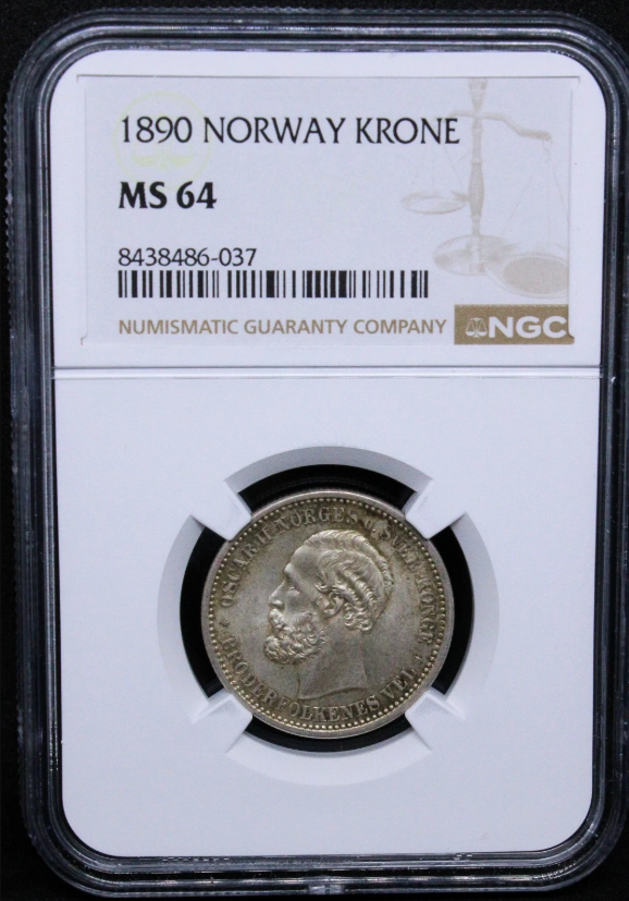 1890 Krone, Norway Oscar II. KM-357. UNC NGC MS64 SOLD..