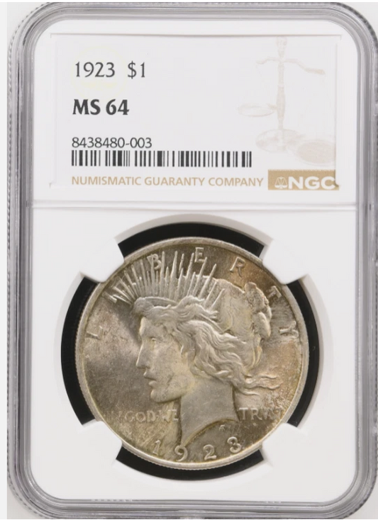1923 Peace dollar, USA silver $1. UNC. NGC MS64