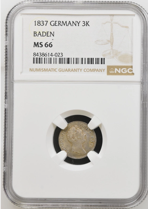 1837 Baden-Germany 3 Kreuzer . KM-199. UNC NGC MS66 top pop.