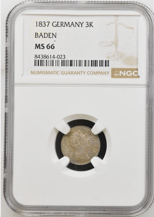 1837 Baden-Germany 3 Kreuzer . KM-199. UNC NGC MS66 top pop.