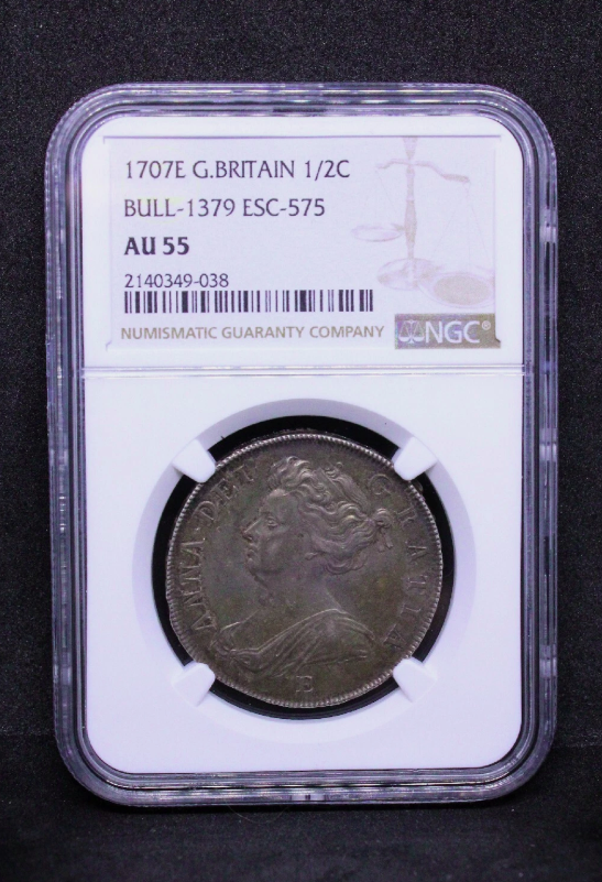 1/2 Crown 1707 -E (Edinburgh Mint, Scotland). Anne. S.3605. NGC AU55 + 80 Reis ND(1706-50) Portugal Silver Coin, João V. KM-177 EF