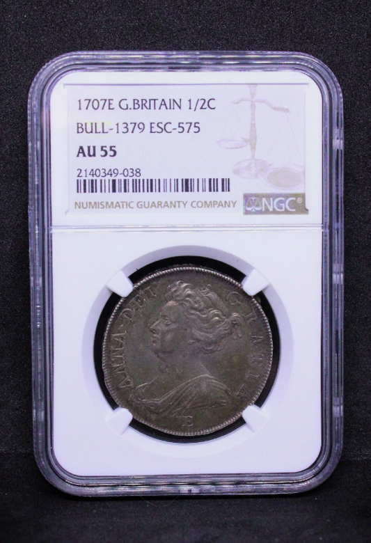 1/2 Crown 1707 -E (Edinburgh Mint, Scotland). Anne. S.3605. NGC AU55 + 80 Reis ND(1706-50) Portugal Silver Coin, João V. KM-177 EF