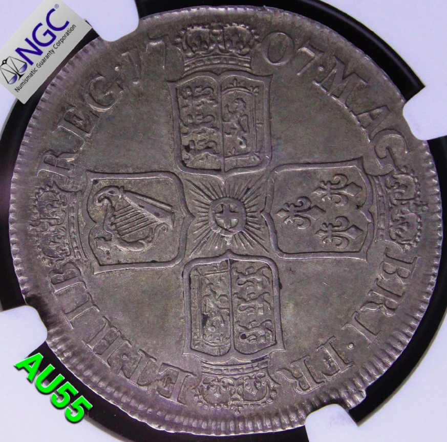 1/2 Crown 1707 -E (Edinburgh Mint, Scotland). Anne. S.3605. NGC AU55 + 80 Reis ND(1706-50) Portugal Silver Coin, João V. KM-177 EF