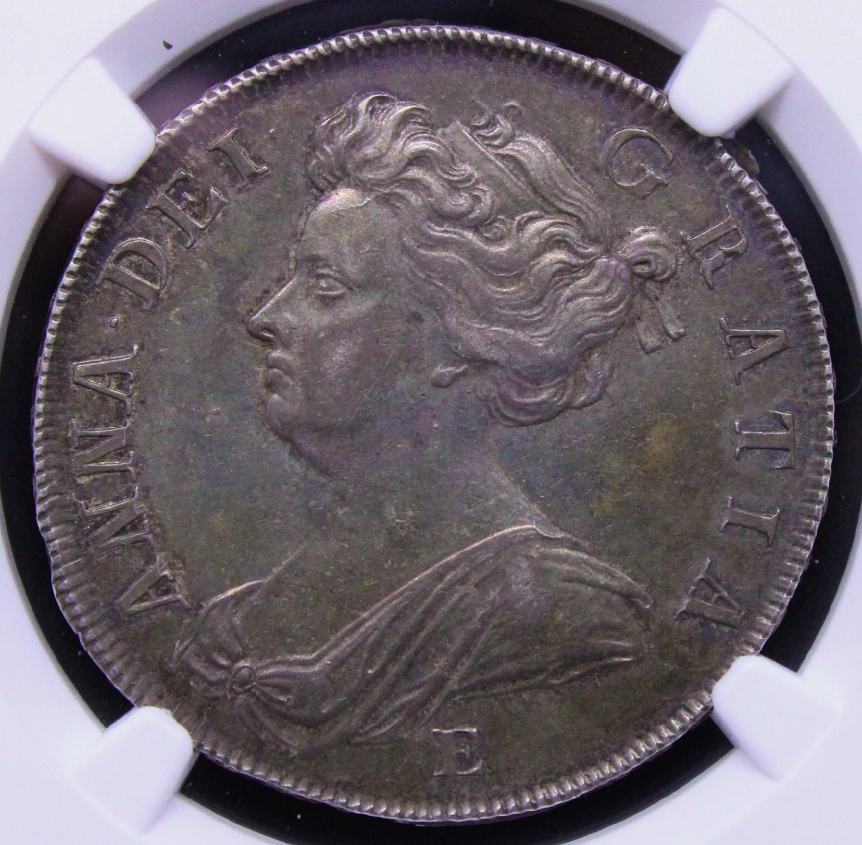 1/2 Crown 1707 -E (Edinburgh Mint, Scotland). Anne. S.3605. NGC AU55 + 80 Reis ND(1706-50) Portugal Silver Coin, João V. KM-177 EF