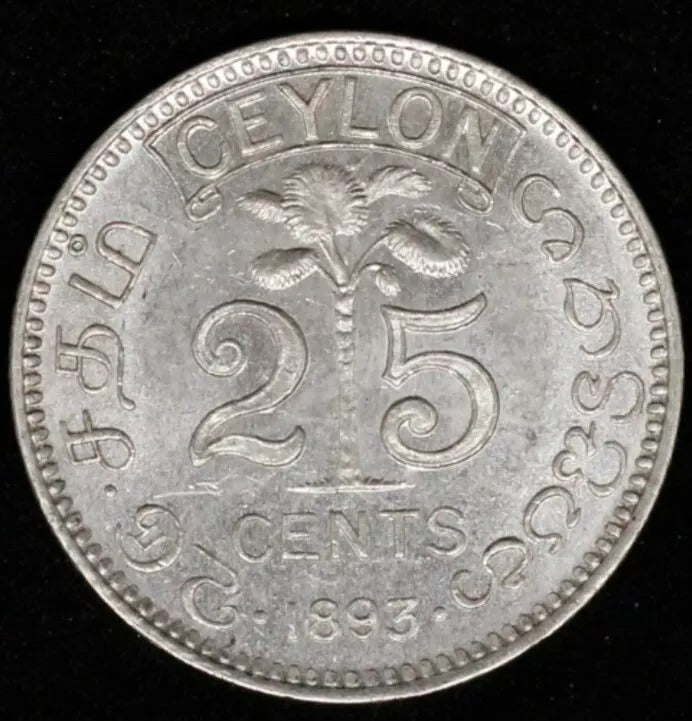 1893 25 Cent, Ceylon. Queen Victoria, BUNC, Full Lustre