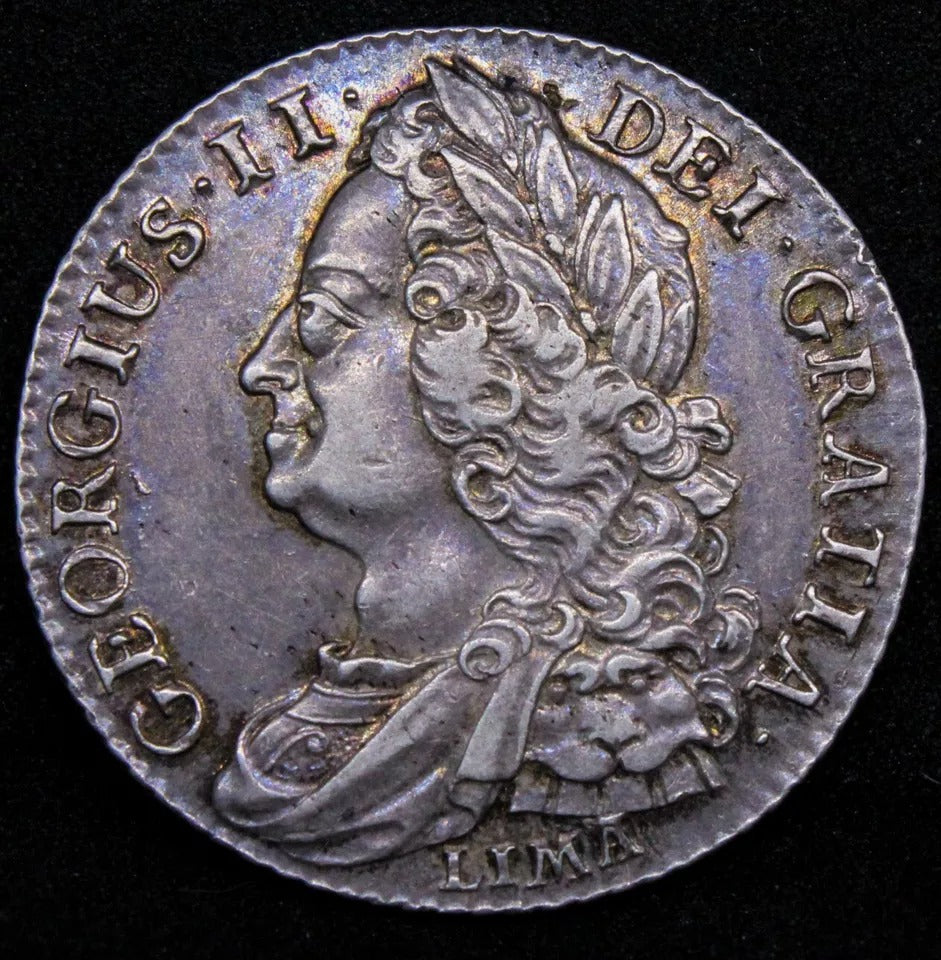 Shilling 1745, Lima Issue. King George II. S.3703. aUNC +great blue tones