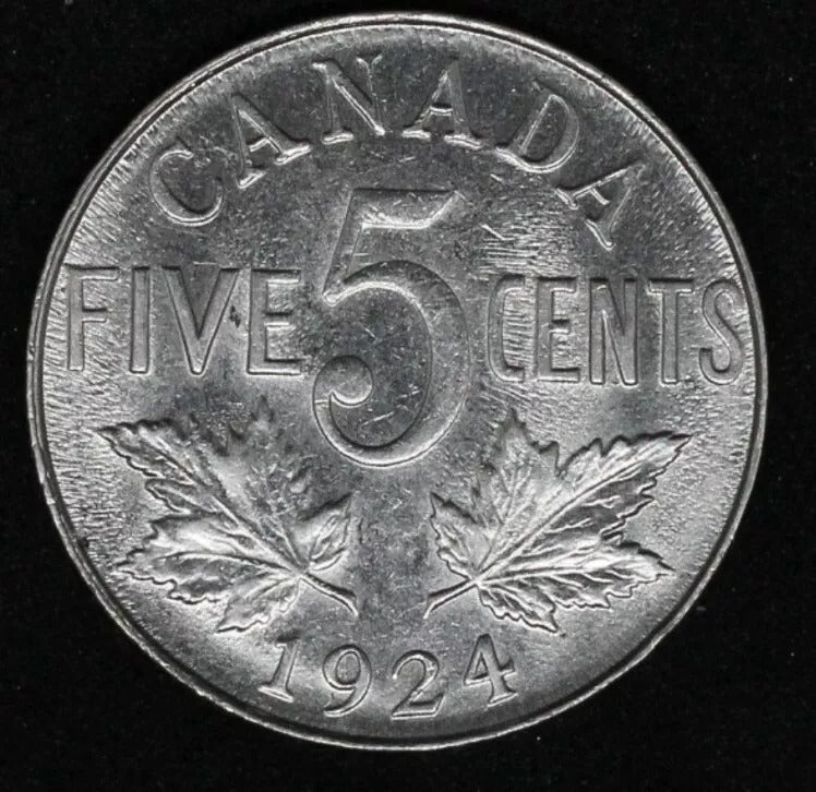 1924 5 Cent Canada Nickel, George V, UNC rev/ damaged obv