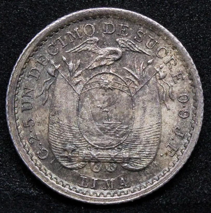 Ecuador 1905 Lima mint silver decimo. KM-50 UNC
