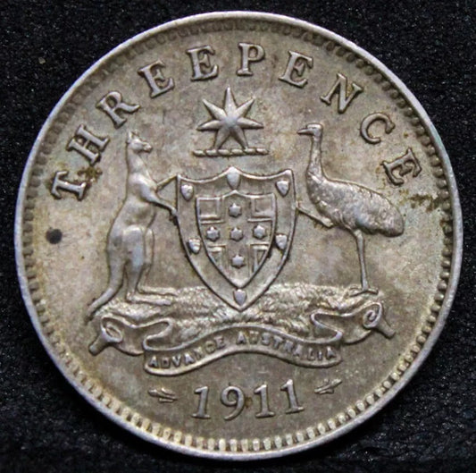 1911 Australia 3 pence, George V. EF KM-24,