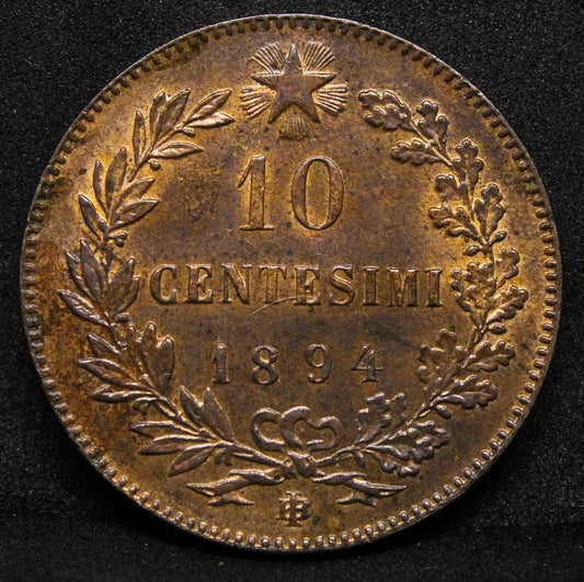 1894 -BI 10 Centesimi - Umberto I, Italy. KM-27.1 UNC