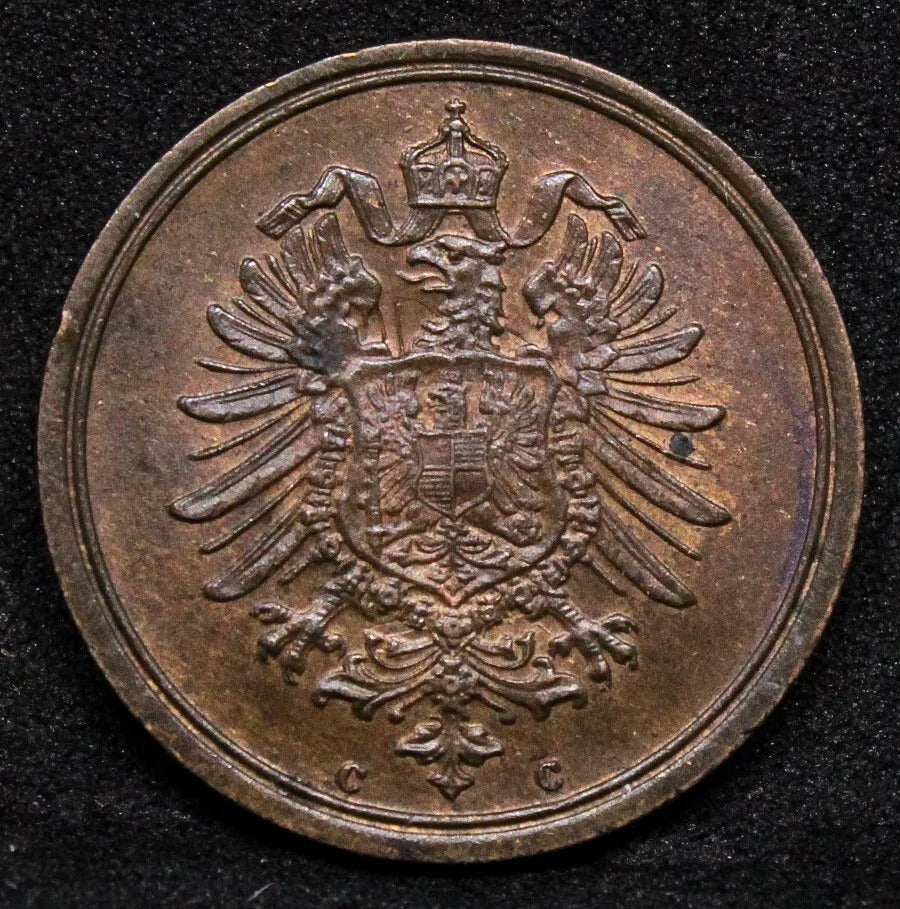 1 pfennig 1876-c, German Empire copper coin. KM-1. UNC rare mint