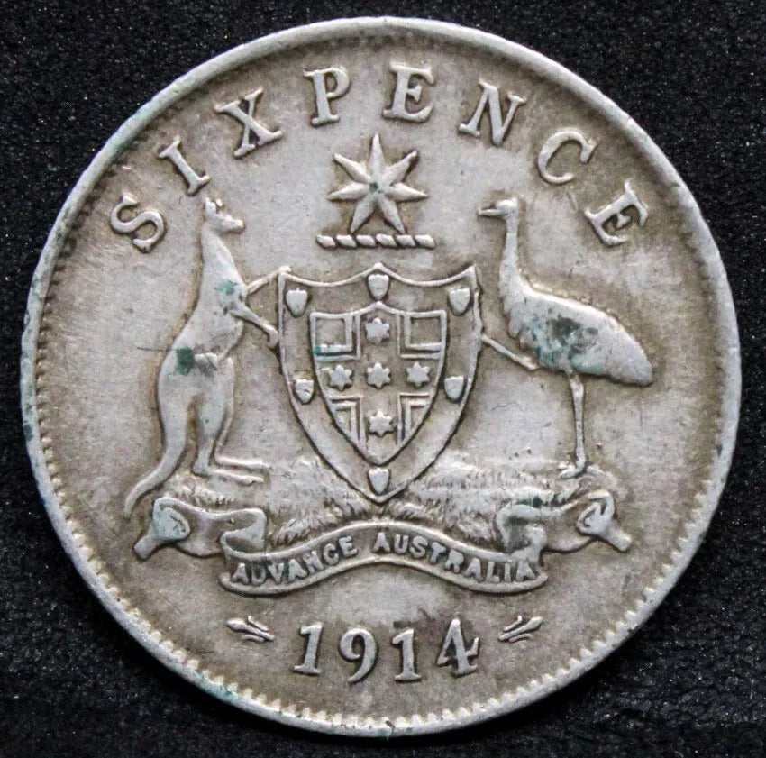 1914 sixpence, Australia George V coin. KM-25. GVF Rare date