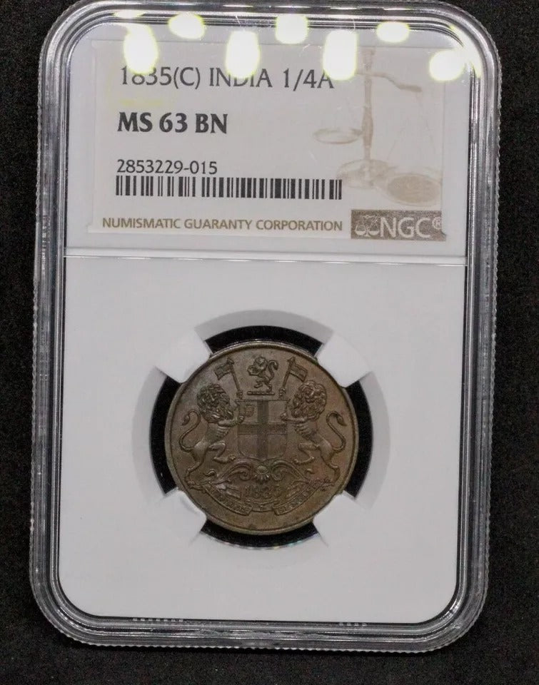 1835 India-British 1/4 Anna KM 446.2 East India Company UNC, NGC MS63 BN