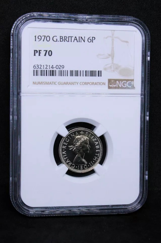 6 pence 1970 Proof. Elizabeth II. NG.C PF70, perfect grade. SOLD..