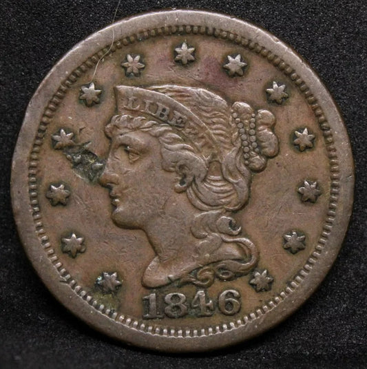 1 Cent 1846,Braided Hair Cent. VF United States America copper