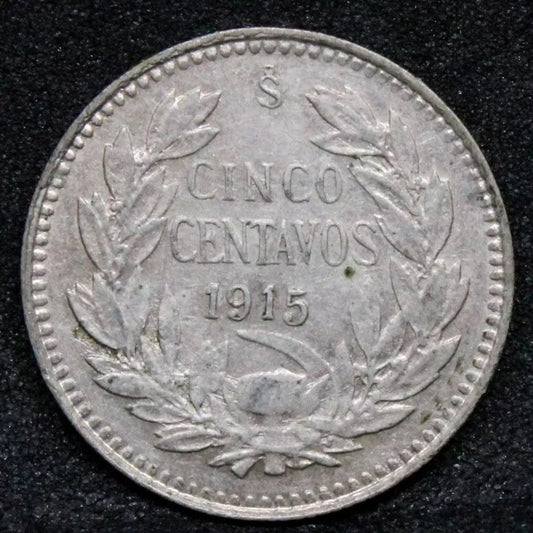 5 Centavos 1915/5 overdate+Curved 5. Chile silver coin. KM-155.3 UNC