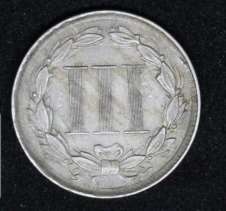 1865 3 Cents, USA aUNC, Moderate Die Clashing On Both Sides Error