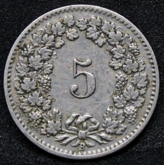 5 Rappen 1906 -B. Switzerland CuNi coin. KM-26. VF.