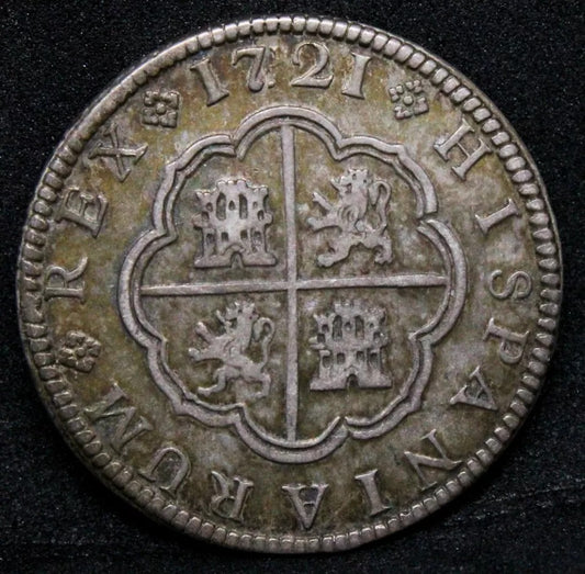 1721 JJ CA Phillip V 2 Reales, Spain. aUNC. Very high quality, green/amber tones