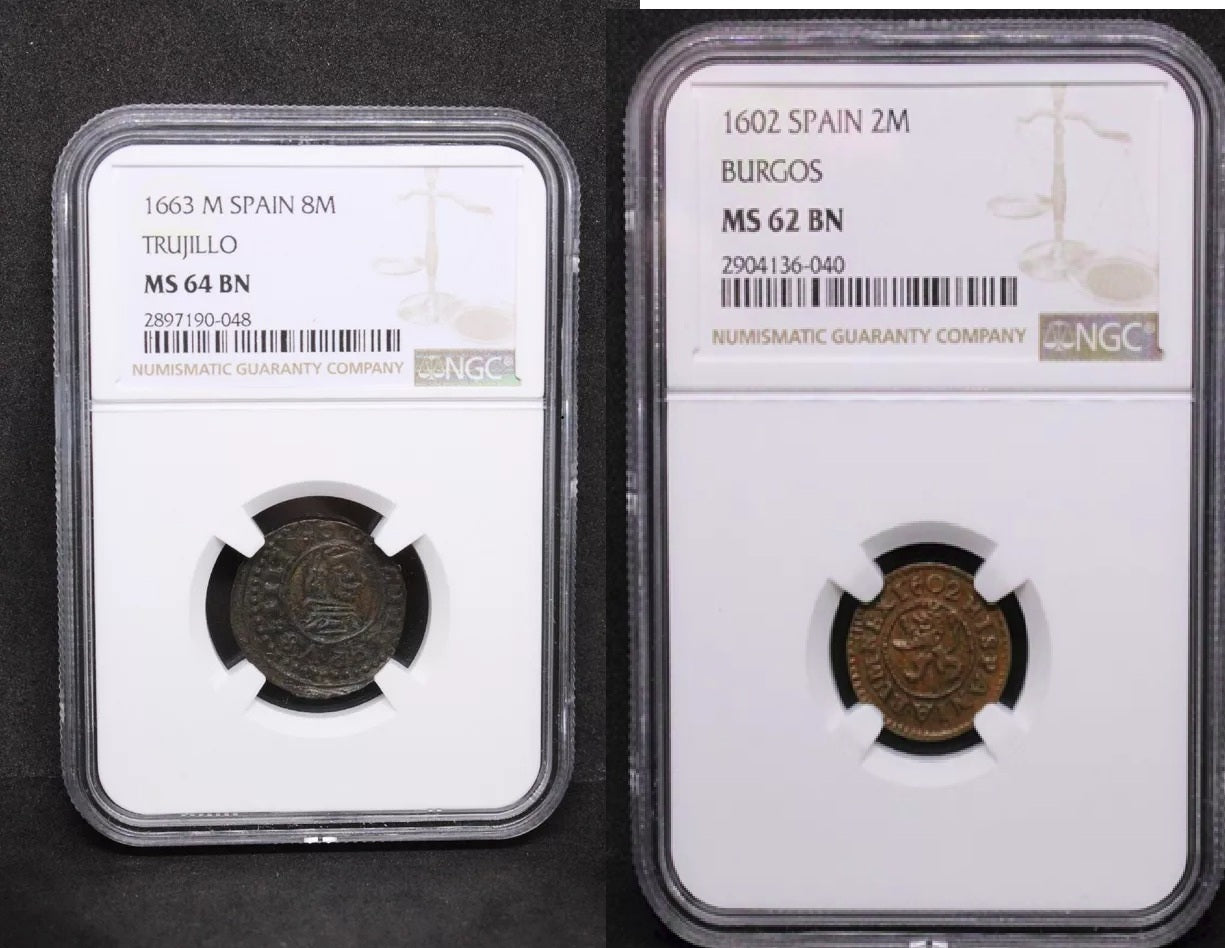 8 Maravedis 1663-M - Felipe IV. Trujillo. KM-171. NGC MS64BN and 2 Maravedis 1602 -B Spain Felipe III. KM-3 Rare NGC UNC MS62BN