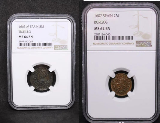 8 Maravedis 1663-M - Felipe IV. Trujillo. KM-171. NGC MS64BN and 2 Maravedis 1602 -B Spain Felipe III. KM-3 Rare NGC UNC MS62BN