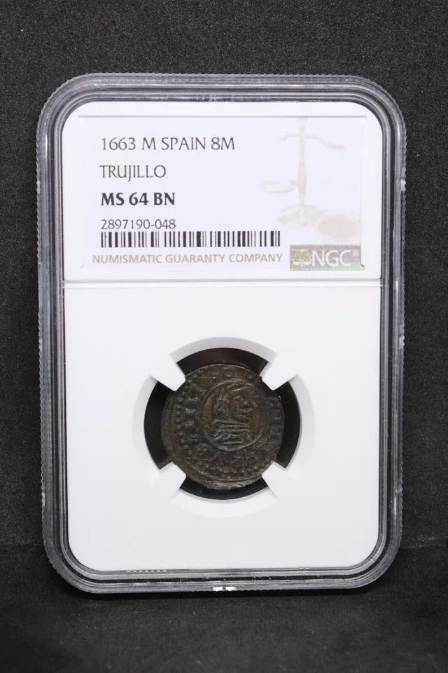 8 Maravedis 1663-M - Felipe IV. Trujillo. KM-171. NGC MS64BN and 2 Maravedis 1602 -B Spain Felipe III. KM-3 Rare NGC UNC MS62BN
