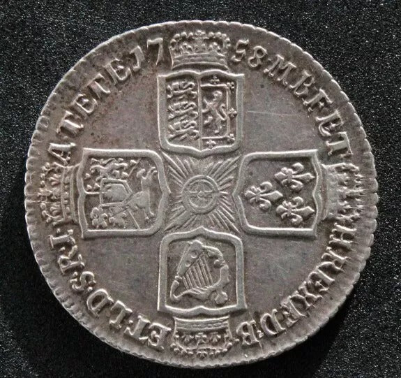 1758 Shilling, George II Silver Coin aEF.