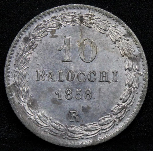 10 Baiocchi 1858, Pope Pius IX. Papal States. KM-1342b. aUNC