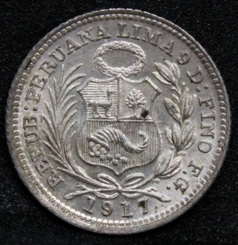 1917 1/2 Dinero. Peru Silver Coin. KM-206.2 UNC