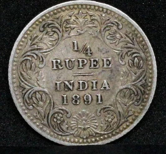 1891-C incuse 1/4 Rupee British-India Victoria, KM 490 EF