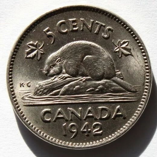 1942 Canada 5 Cent(Nickel) High Grade UNC(more rare metal composition)