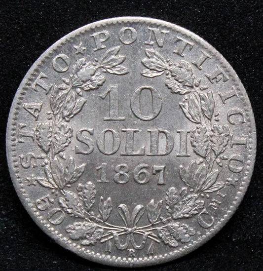 1867-R 10 Soldi, Pope Pius IX, Papal States. KM-1376. UNC